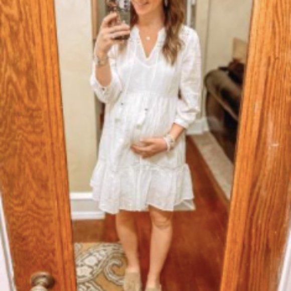 Women Boho Dress Long Sleeve Peasant Shift Ivory L - Picture 6 of 6